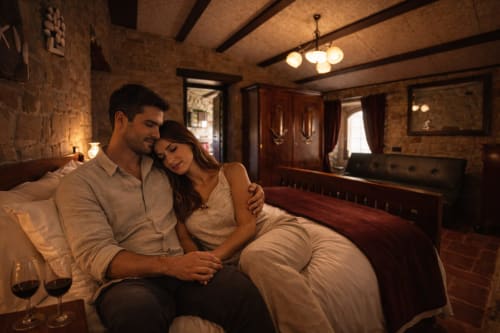 Couple sitting on a bed in a stone room with warm lighting