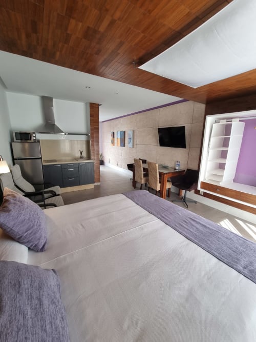 Lila apartment bedroom at El Arrecife de Conil with double bed, kitchen, sitting area, wooden ceiling, and TV in Conil de la