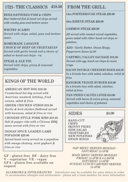 Kings Arms Penrith menu featuring classics, grill steaks, world cuisine and sides with pricing in pounds