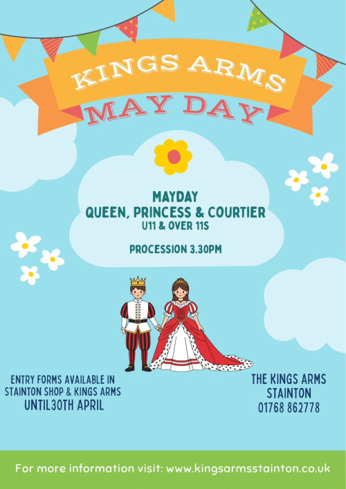 Kings Arms May Day event poster featuring queen and prince illustration, procession at 3:30pm, Stainton venue