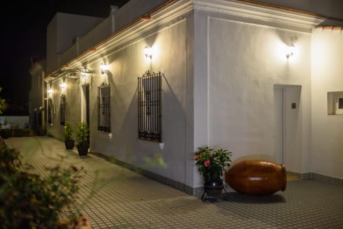Fachada blanca iluminada del Hotel Boutique Alcazaba por la noche en Salobreña, Granada, con rejas decorativas de hierro y macetas