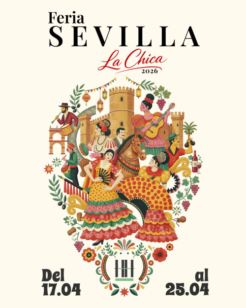 Cartel Feria Sevilla La Chica 2026 de Zafra, Badajoz, con bailaoras de flamenco coloridas y decoraciones festivas.