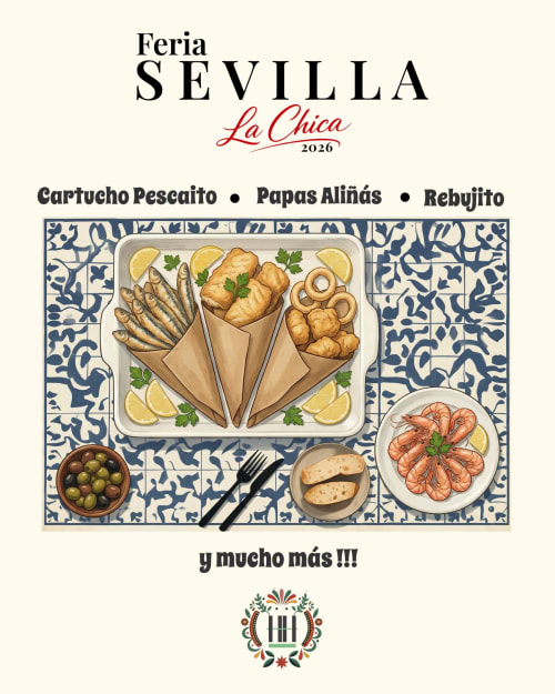 Menú de Feria Sevilla La Chica 2026 con pescaito frito, gambas y tapas españolas en hotel Huerta Honda, Zafra