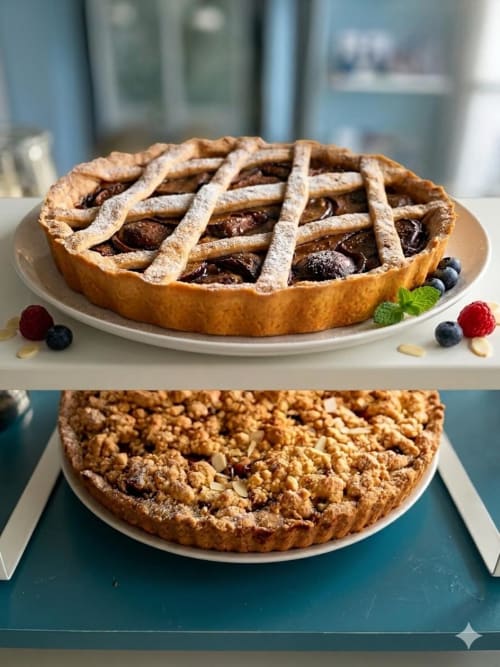 Due dolci artigianali a Villa Oteri Rooms & Bistrot: crostata di frutta a graticcio e torta con crumble di mandorle
