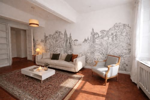 Suite Mirabeau living room at Les Suites de Montigny, Aix-en-Provence with beige sofa, armchair, toile wallpaper and