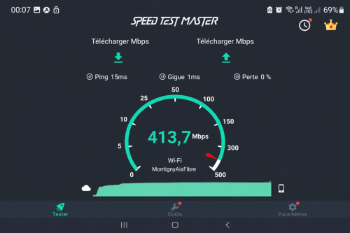 Speed test showing 413.7 Mbps WiFi connection at Les Suites de Montigny, Aix-en-Provence apartment with MontignéAixFibre