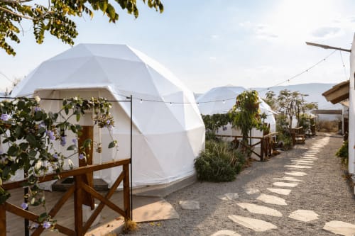 Estructuras tipo domo geodésico para glamping con plantas florales en Meraki Glampings, Malinalco, México