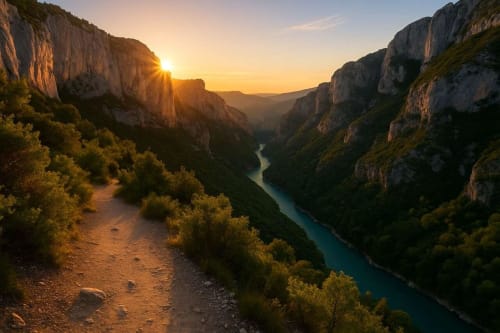 Coucher de soleil dramatique sur une gorge fluviale turquoise aux falaises calcaires imposantes et végétation méditerranéenne près de La Bastide