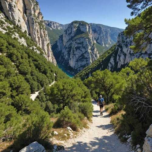 Sentier de randonnée à travers les gorges calcaires avec lac turquoise, près des Insolites de la Bastide, Provence