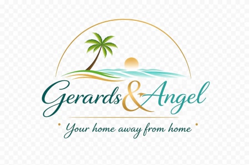 Gerards & Angel luxury resort logo featuring palm tree and ocean sunset, Flic-en-Flac, Mauritius