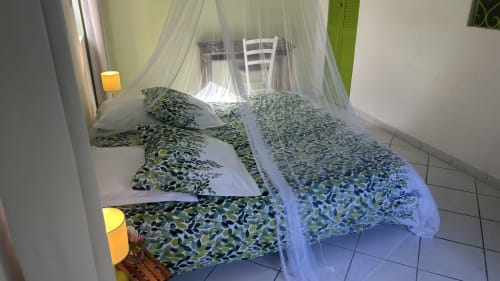 Chambre cosy à l'orée du bois à Retaud avec parure verte, voile de lit et vue sur le jardin