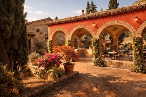 Patio de piedra con arcos mediterráneos y terraza al aire libre