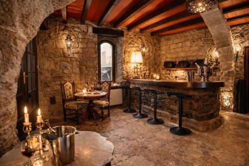 Salón de piedra con barra rústica e iluminación cálida