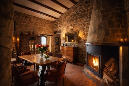 Comedor de piedra con chimenea y ambiente acogedor