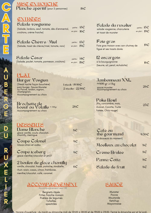 Menu de l'Auberge Du Ruxelier : cuisine française avec entrées, plats et desserts à Chéniménil