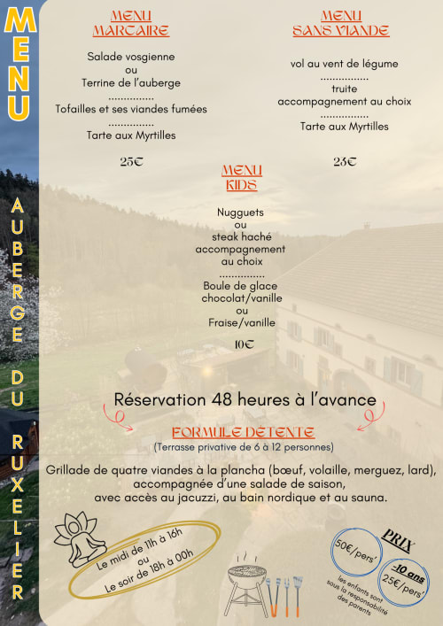 Menu de l'Auberge Du Ruxelier : plats marcaire, options végétariennes, menu enfants et formule groupe privée à Chenimenil