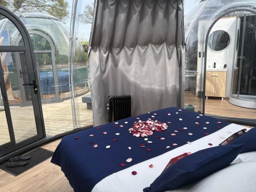 Chambre d'hôtel Bubble Jade avec pétales de rose sur lit bleu marine, fenêtre-bulle vitrée donnant sur le jardin, Bazouges la Pérouse