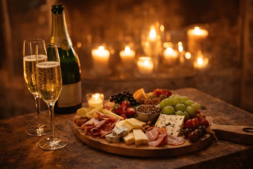 Plateau de champagne et charcuterie élégant à la lueur des bougies au Pigeonnier de la Farge