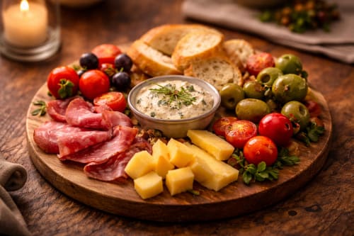 Élégante planche de charcuterie avec viandes séchées, fromages, olives, tomates, pain et sauce aux herbes au Pigeonnier de la Farge