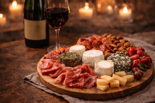 Plateau de charcuterie et fromages, fruits secs et fraises à la lueur des bougies au Pigeonnier de la Farge
