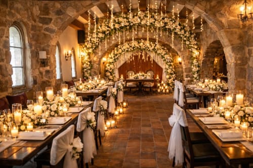 Capilla de piedra decorada con flores y velas bajo arcos iluminados
