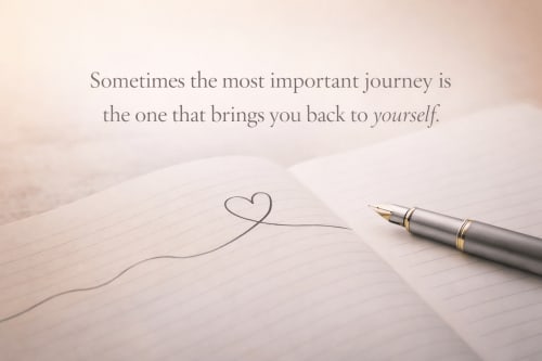Open notebook with heart drawing and fountain pen, inspiring quote about journeys at Victoria Seis hotel, Medina-Sidonia
