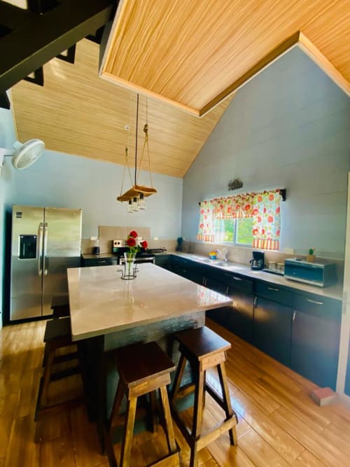 Cocina moderna con techo de madera, isla de cuarzo blanco, gabinetes negros, refrigerador de acero inoxidable y vista al jardín en Cabinas