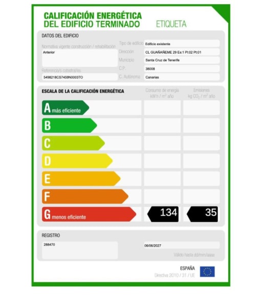 Energieeffizienzlabel für Wohnung in Santa Cruz de Tenerife mit G-Einstufung und 134 kWh/m² Jahresverbrauch