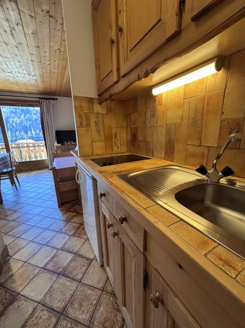 Bright kitchen with wooden cabinets, stainless steel appliances, and cork tile backsplash at Chez Francine alpine apartment