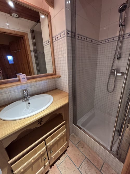 Modern bathroom with wooden vanity, round sink, large mirror, and glass shower enclosure at Chez Francine apartment