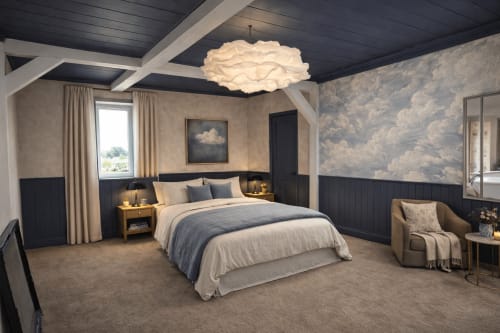 Suite luxueuse à La Maison 1903 à Trévou-Tréguignec avec décor nuageux, boiseries sombres et literie crème