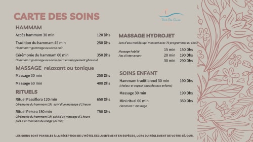 Menu du spa Vent Des Dunes proposant hammam, massage, hydrojet et soins enfants à Essaouira