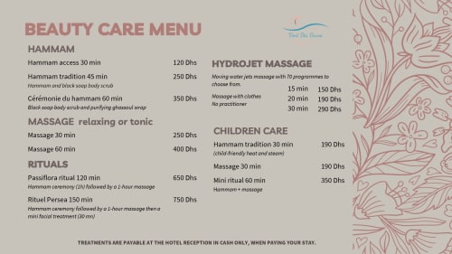 Vent Des Dunes & Spa beauty care menu listing hammam, massage, hydrojet, and children treatments in Essaouira