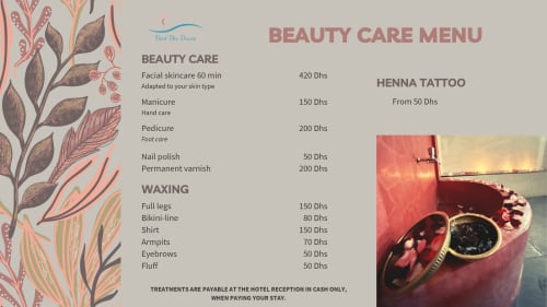 Menu des soins beauté Vent Des Dunes Spa à Essaouira : soins du visage, épilation, manucure, pédicure et tatouage au henné