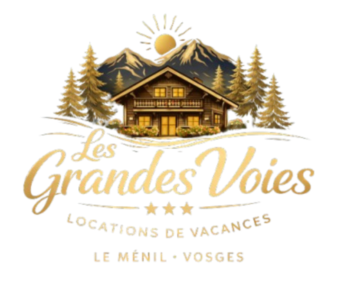 Logo du chalet Les Grandes Voies avec montagnes, forêt et soleil au Ménil, Vosges