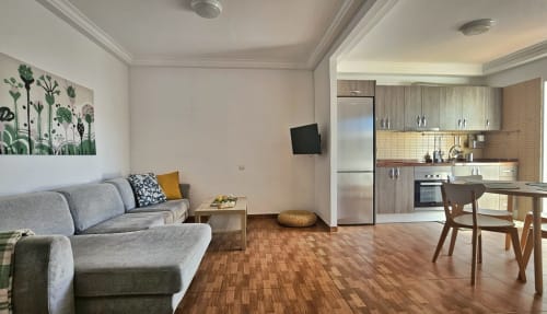 Modern apartment in La Aldea with open living room, kitchen, gray sofa, wooden flooring and city view