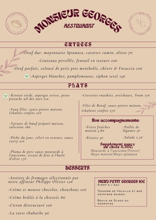 Carte du restaurant Monsieur Georges à Boulogne-sur-Mer : cuisine française, entrées, plats et desserts