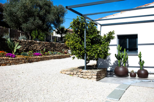 Modern villa patio at Locavilla with terrace, pergola, cacti, stone walls, and manicured gardens under blue sky