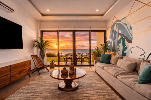Oceanview living room at Malkita Sol with sunset vista, beige sofa, wooden furniture, and beach access