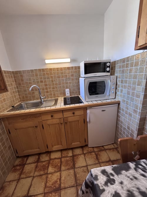 Studio kitchen at Chez Francine with wooden cabinets, sink, microwave, and compact appliances in Notre Dame de Bellecombe