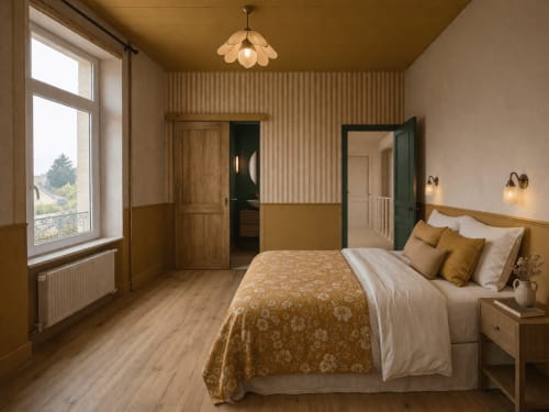 Chambre Aube à La Maison 1903 B&B à Trévou-Tréguignec avec literie dorée, mobilier bois et vue sur le jardin