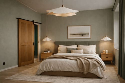 Chambre moderne à La Maison 1903 B&B à Trévou-Tréguignec avec lit gris rembourré, meubles en bois, éclairage suspendu et