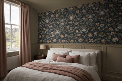Chambre Acanthe à La Maison 1903 BnB avec papier peint fleuri, boiseries beige et vue sur le jardin à Trévou-Tréguignec