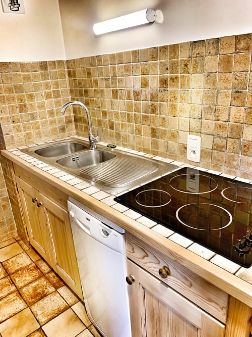 Kitchenette with stainless steel sink, black electric cooktop, and terracotta tile backsplash at Chez Francine apartment in