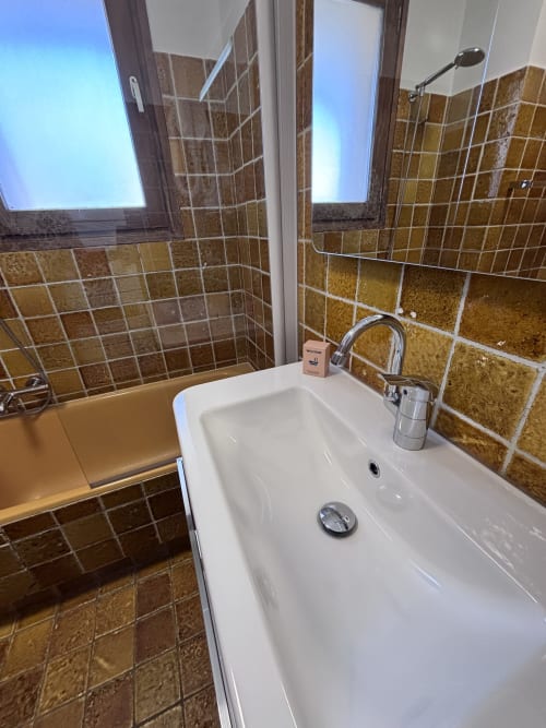 Modern bathroom with white sink, chrome faucet, gold-tiled walls, shower enclosure and windows at Chez Francine apartment in