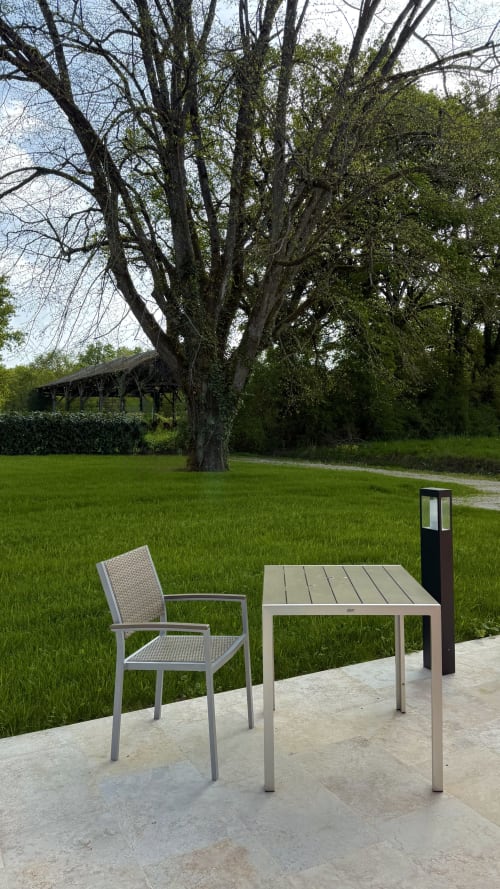 Espace de détente extérieur à la Cloffy B&B à Nouans-les-Fontaines avec table, chaise et magnifique arbre dominant le jardin