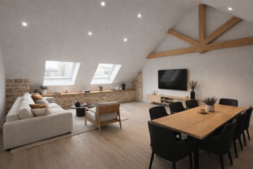 Appartement moderne sous les combles au Hangar 7 à Guilvinec avec salon équipé d'un canapé crème, table à manger, poutres en bois