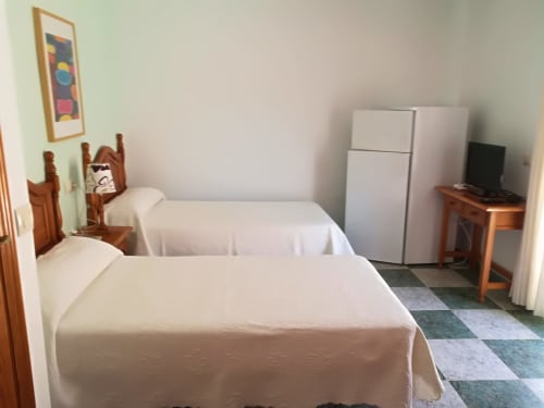 Hostal San Andres double suite in Carboneras with two beds, white refrigerator, TV, and colorful wall art