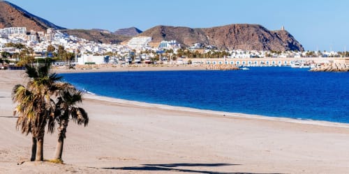 Carboneras beach with white-washed buildings, palm tree, and rocky mountains under clear blue sky