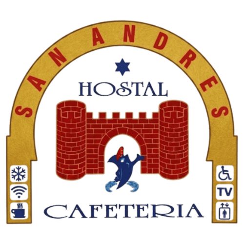 Hostal San Andrés logo featuring red brick castle with blue star, Carboneras Spain accommodations